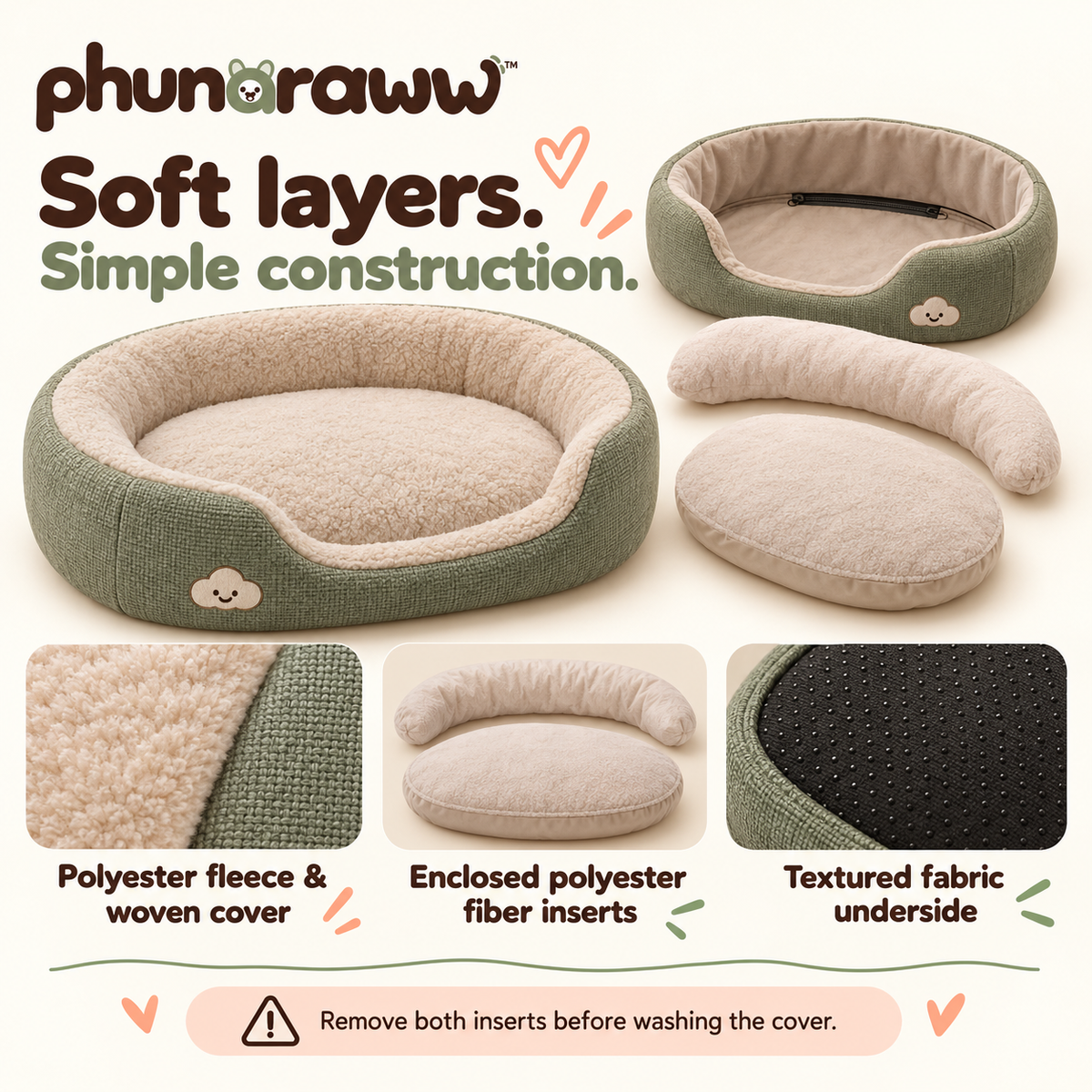 phunaraww™ Cloud Cove Bolster Pet Bed — Washable Removable Cover, Oval Cushion for Cats & Small Dogs, 24 × 20 Inches