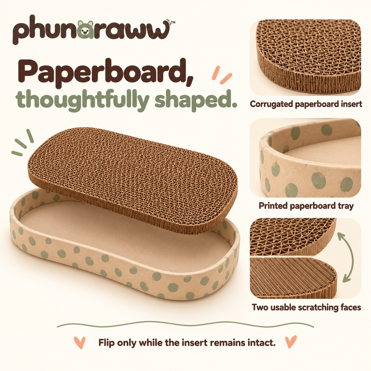 phunaraww™ Pebble Porch Cat Scratcher — Reversible Corrugated Cardboard Pad, Low-Edge Lounge Tray, 20 × 12 Inches