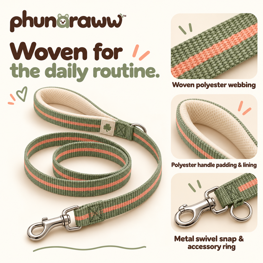 phunaraww™ Ribbon Trail Dog Leash — 6-Foot Woven Lead, Padded Handle, Swivel Clip, 3/4-Inch Wide, Sage & Peach