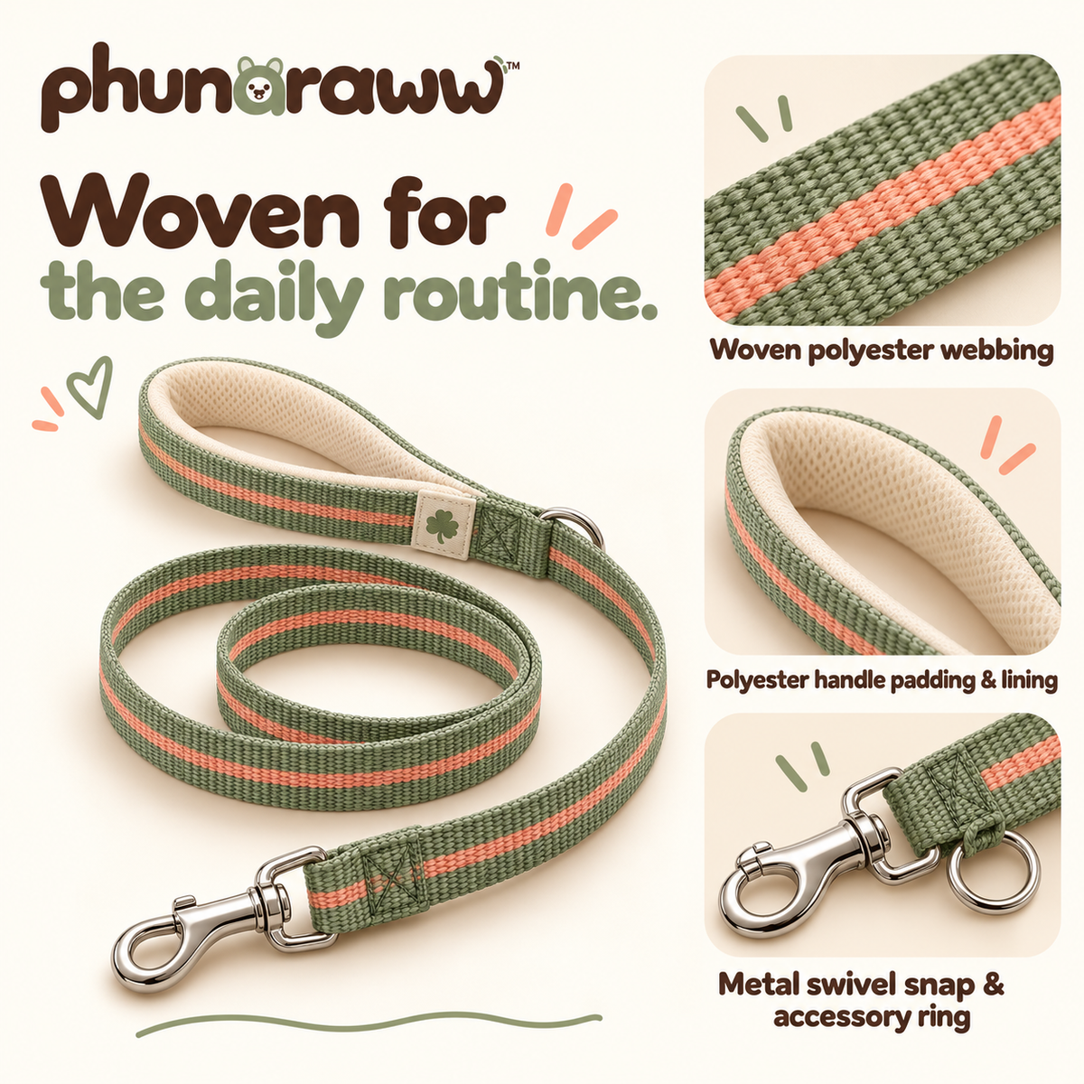 phunaraww™ Ribbon Trail Dog Leash — 6-Foot Woven Lead, Padded Handle, Swivel Clip, 3/4-Inch Wide, Sage & Peach