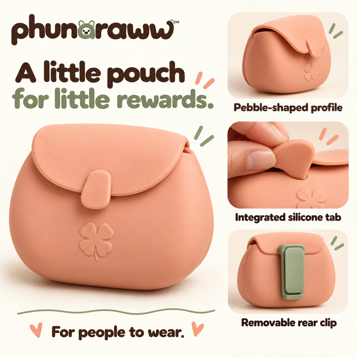 phunaraww™ Little Reward Silicone Dog Treat Pouch — 1/2-Cup Training Snack Bag, Fold-Over Tab Closure, Belt Clip, Peach