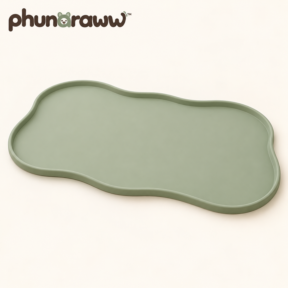phunaraww™ Puddle Border Silicone Pet Feeding Mat — Raised-Edge Dog & Cat Bowl Placemat, 20 × 12 Inches, Sage